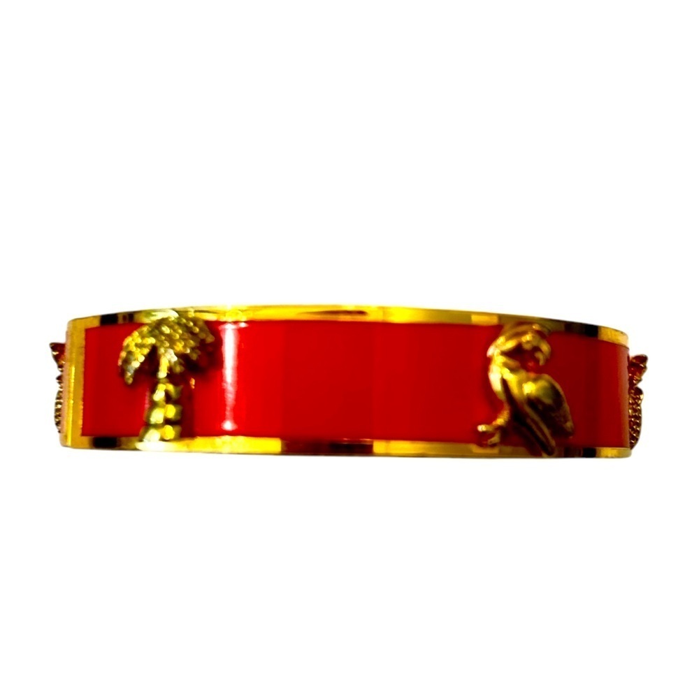 C wonder marked coral orange & Gold tone bangle hinged Bracelet animal motifs